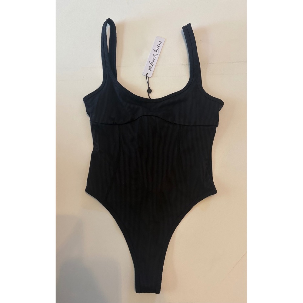 NWT For Love & Lemons Black Ribbed One-Piece Swimsuit Size Medium